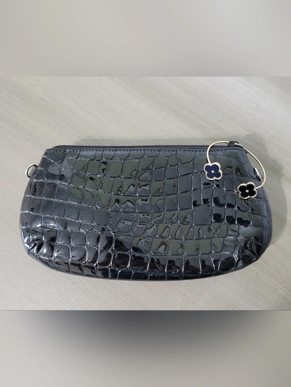 Brighton Black Croc-Embossed Wristlet with Braided Trim and Free Chain